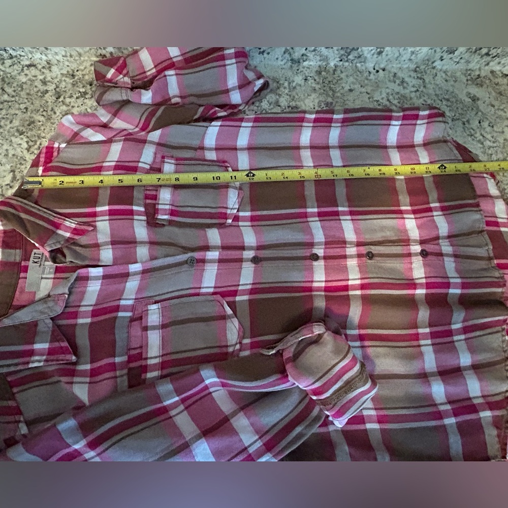 KUT From The Kloth Pink Brown Plaid Hannah Roll Tab Sleeve Button Shirt Size S - Picture 11 of 11